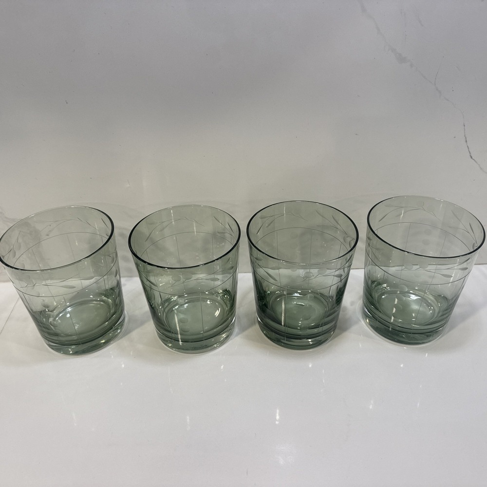 Vintage Low Ball Etched Glasses Green Tint Set Of 4 Vintage